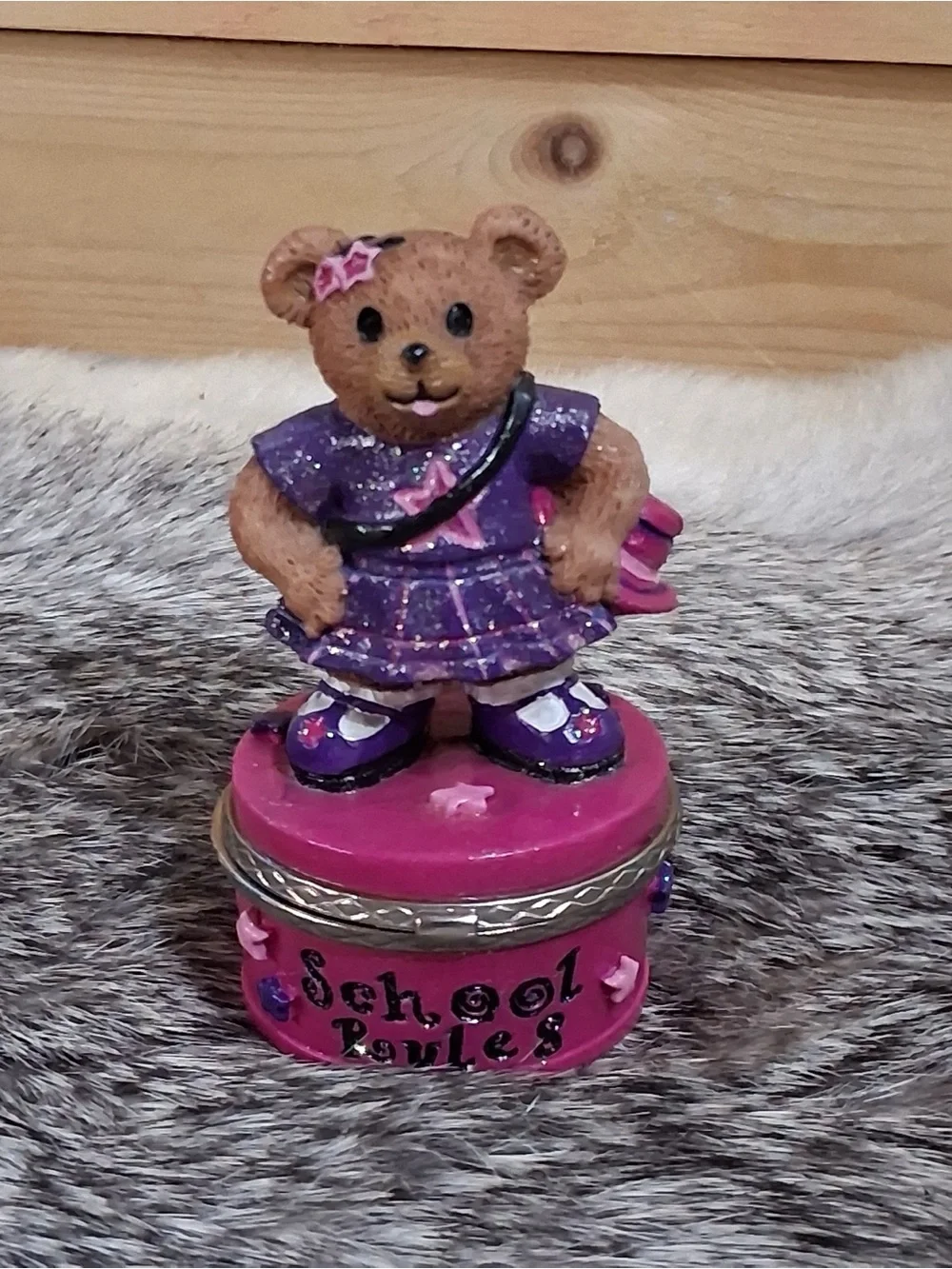 Vintage Claire’s Teddy Bear School Rules Trinket Box Y2K Pink Purple Keepsake
